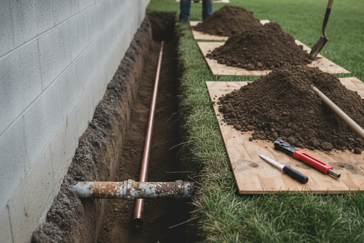 Excavated water line trench during Water Heater Repair in Atkins